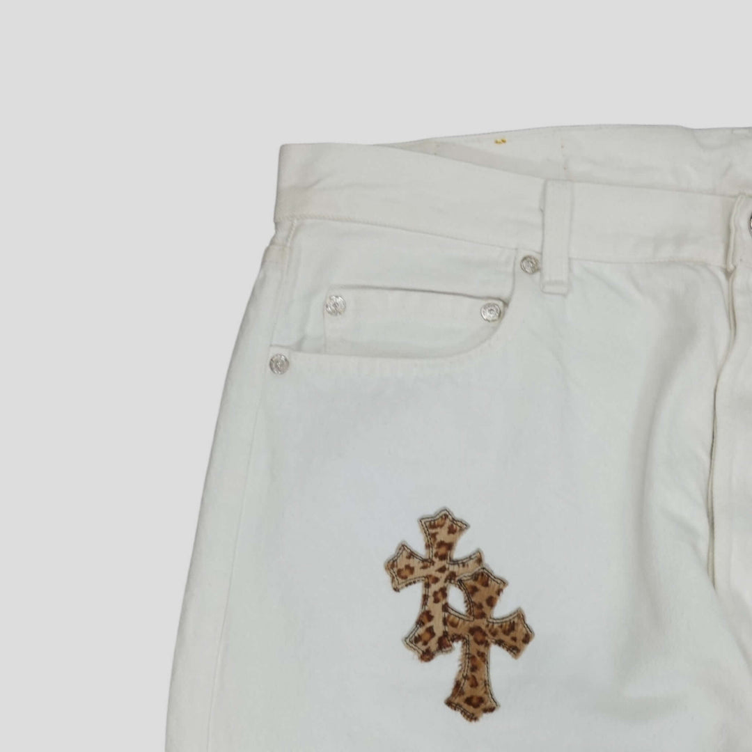 Chrome Hearts Levis Cross Patch Jeans in White / Leopard featuring leopard patch and luxury craftsmanship.