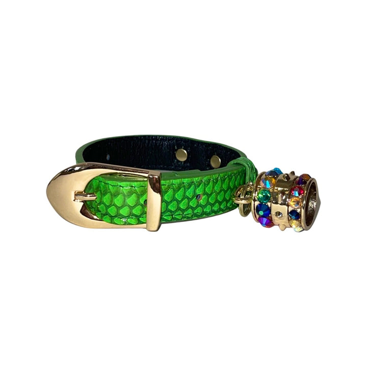 XS/S 7”-14” Neon Green Custom Snake Collar/Custom Gold Italian Hardware &amp; Swarovski Crystal Charm