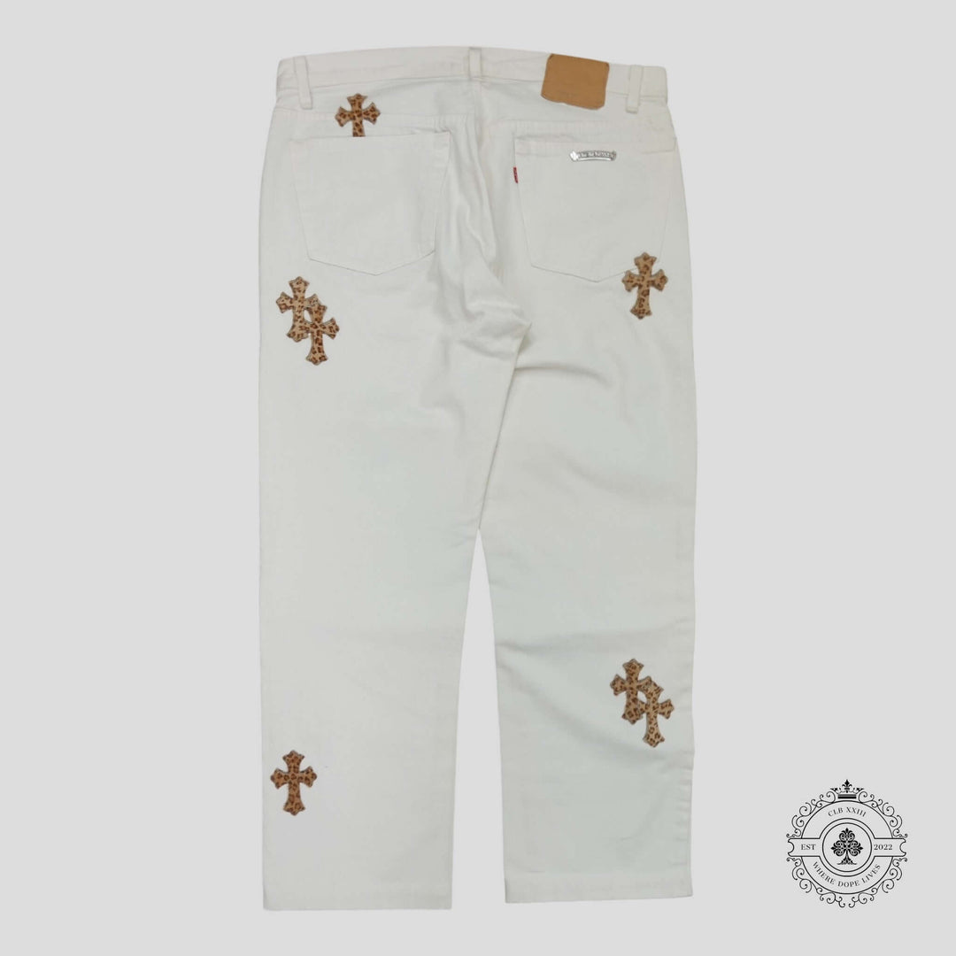 Chrome Hearts Levis Cross Patch Jeans in White / Leopard with leopard print cross patches on back.