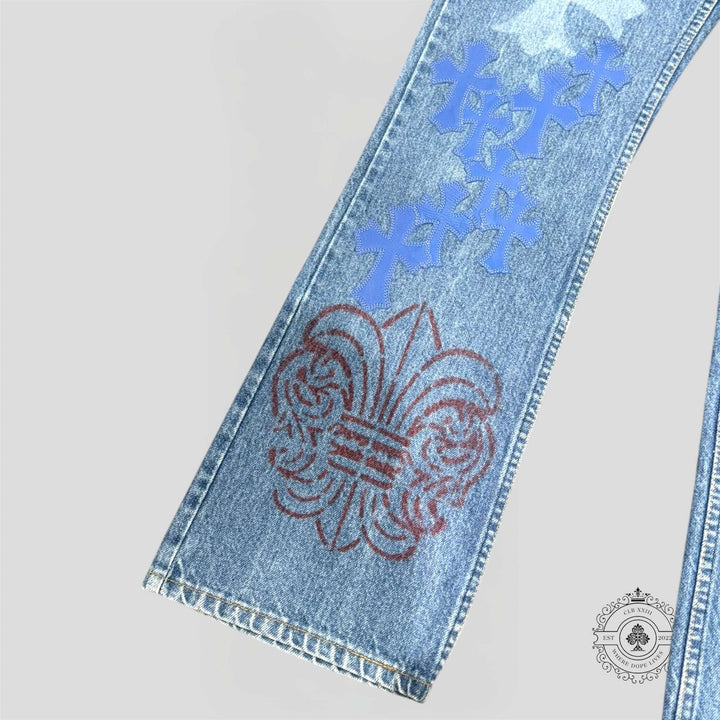 Chrome Hearts Stencil Jeans showcasing unique designs and details on blue luxury denim.