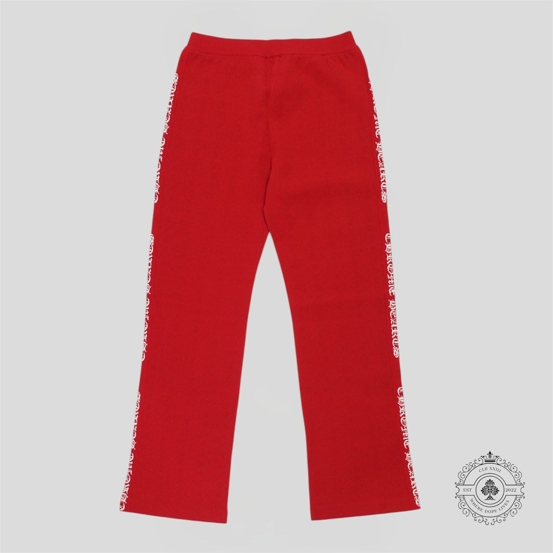 Red pants with white text on a gray background