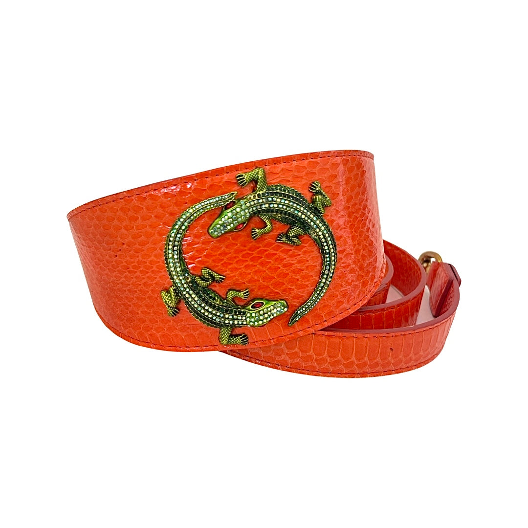 Orange Snake 3” Wide Style Collar &amp; Leash Set With Green Rhinestone Alligators!