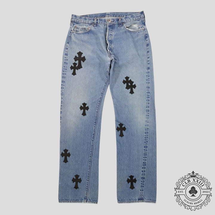 Chrome Hearts Cross Patch Levi 501 Red Line Jeans in Medium Wash/Black