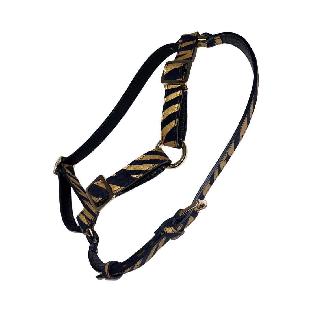 Black &amp; Gold Zebra Print Italian Leather Harness