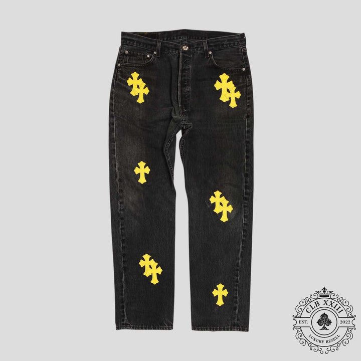 Chrome Hearts Cross Patch Jeans in Black/Yellow