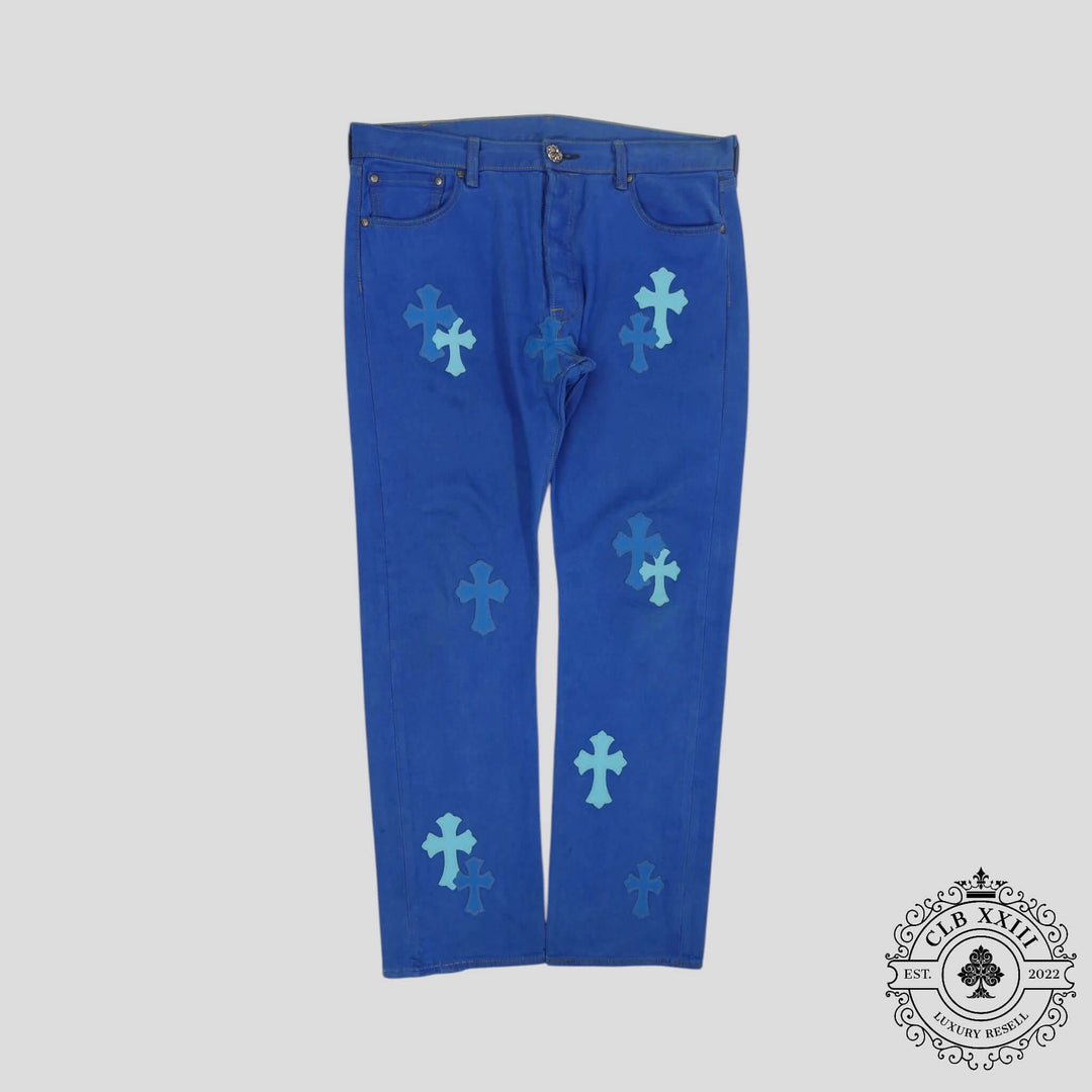 Chrome Hearts Levis Cross Patch Jeans in Blue showcasing unique cross patches, a rare find in luxury denim jeans.