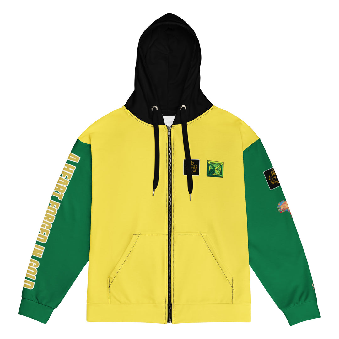 A yellow and green color-blocked zip-up hoodie with a black hood, featuring a front kangaroo pocket, black drawstrings, and graphic patches on the sleeves and chest.