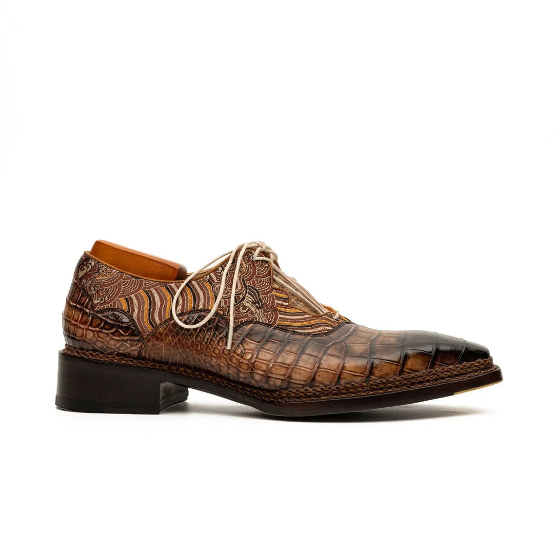 Brown Alligator &amp; Jacquard Ghillie Oxford Shoes