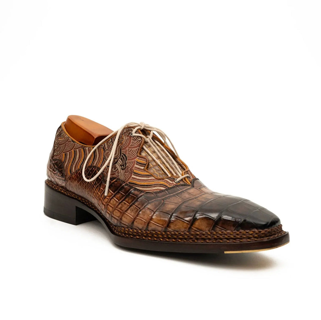 Brown Alligator &amp; Jacquard Ghillie Oxford Shoes