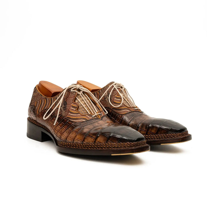 Brown Alligator &amp; Jacquard Ghillie Oxford Shoes