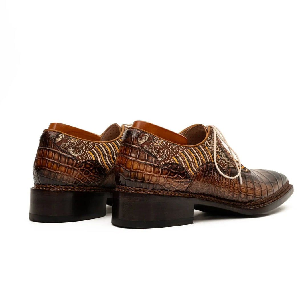 Brown Alligator &amp; Jacquard Ghillie Oxford Shoes