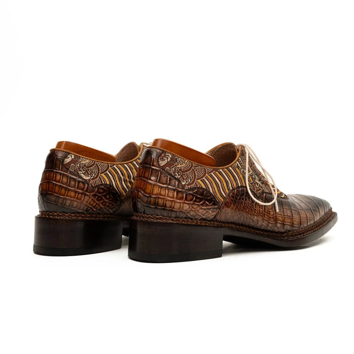 Brown Alligator &amp; Jacquard Ghillie Oxford Shoes