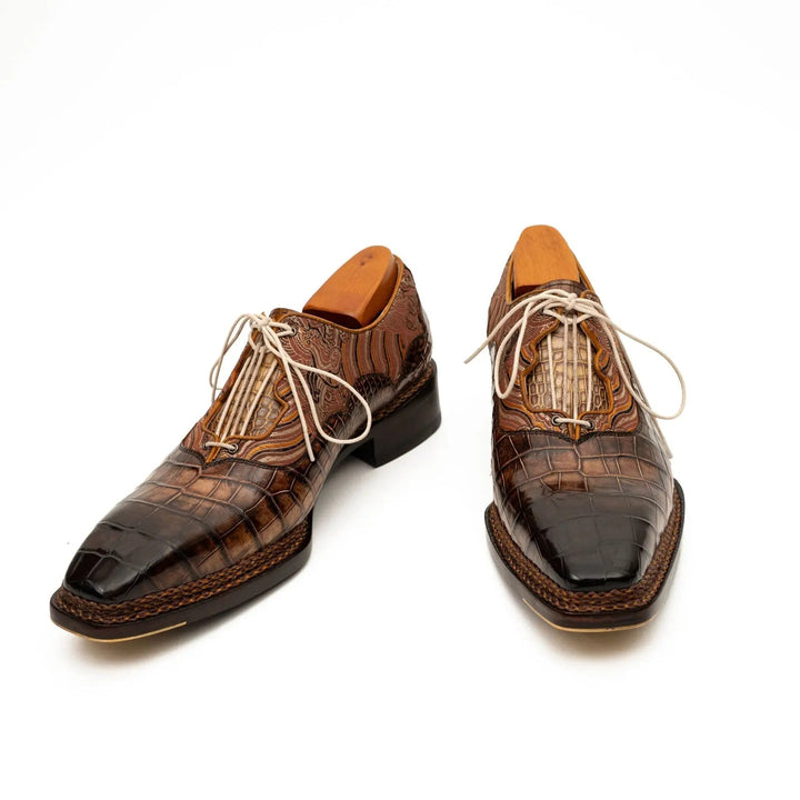 Brown Alligator &amp; Jacquard Ghillie Oxford Shoes