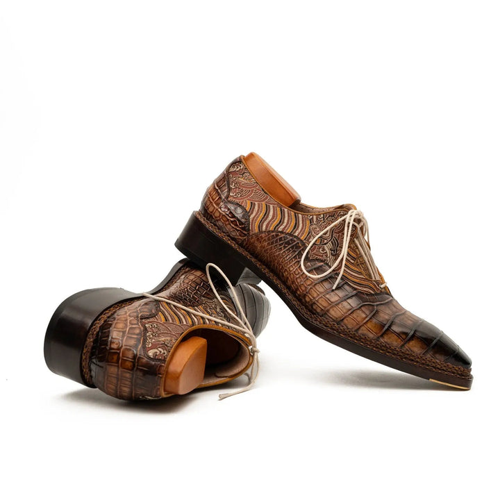 Brown Alligator &amp; Jacquard Ghillie Oxford Shoes