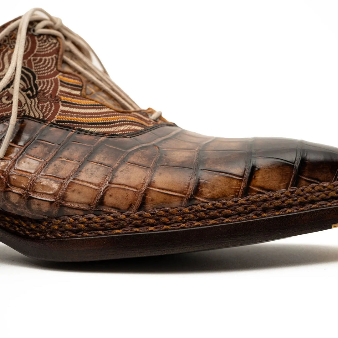 Brown Alligator &amp; Jacquard Ghillie Oxford Shoes