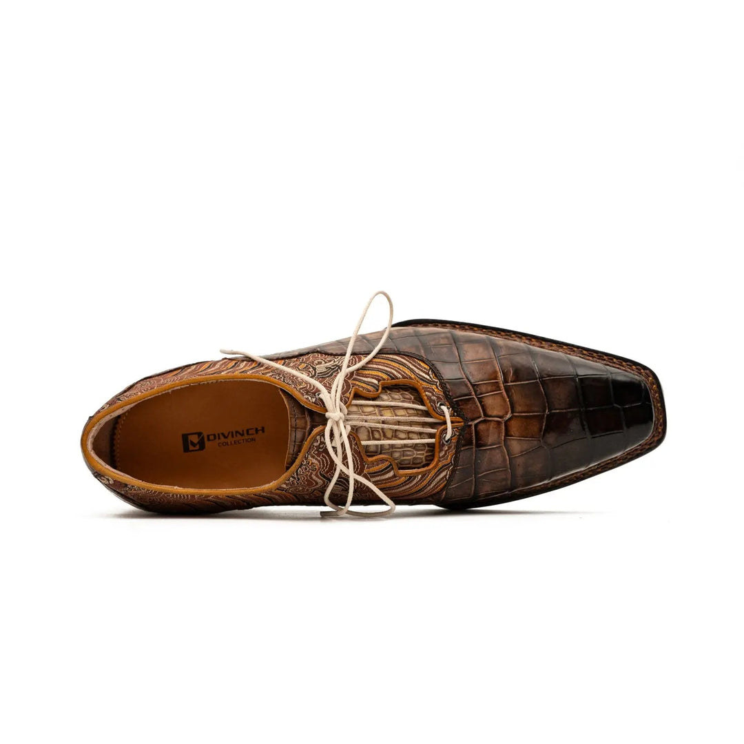 Brown Alligator &amp; Jacquard Ghillie Oxford Shoes