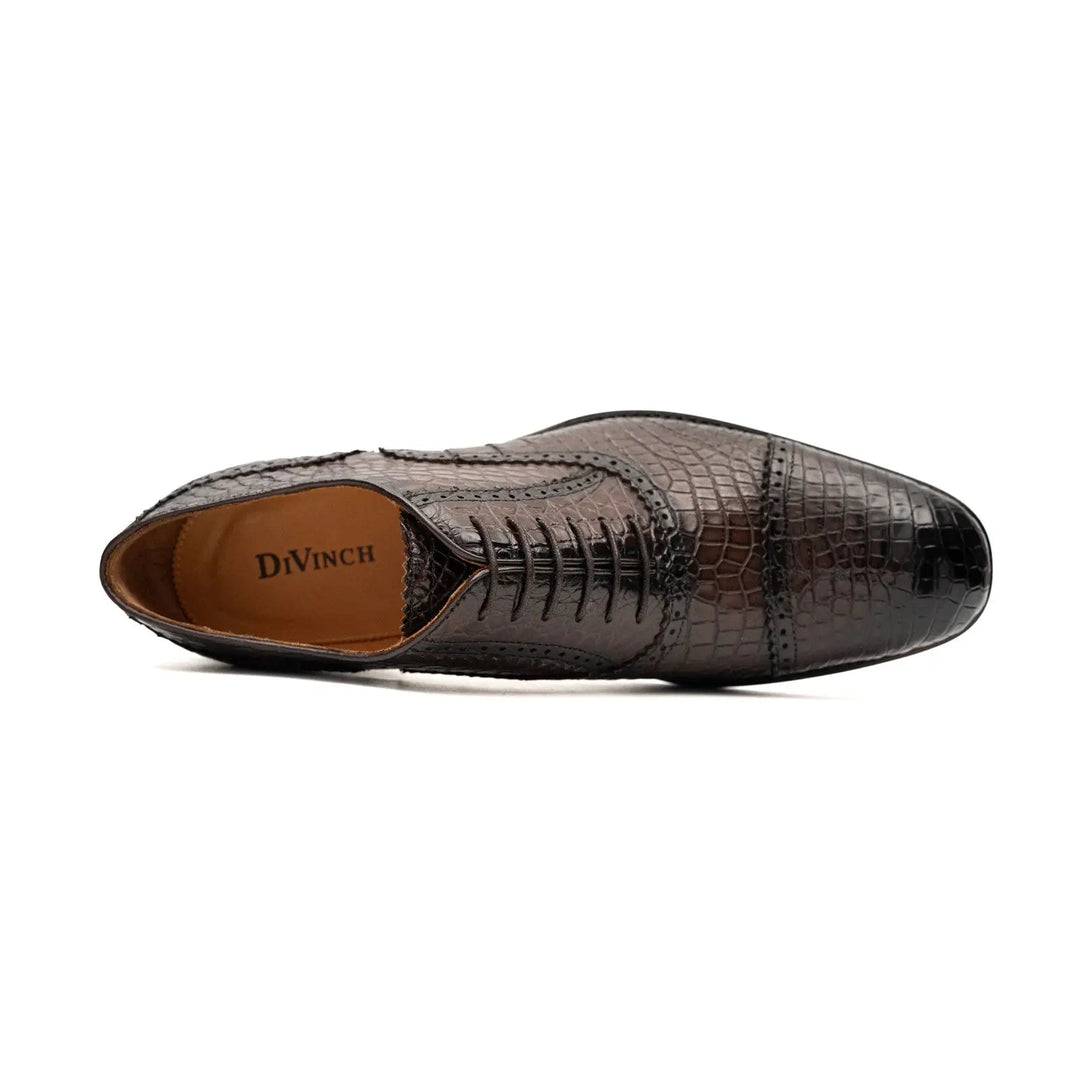 Dark Brown Crocodile Leather Cap-Toe Oxford Shoes