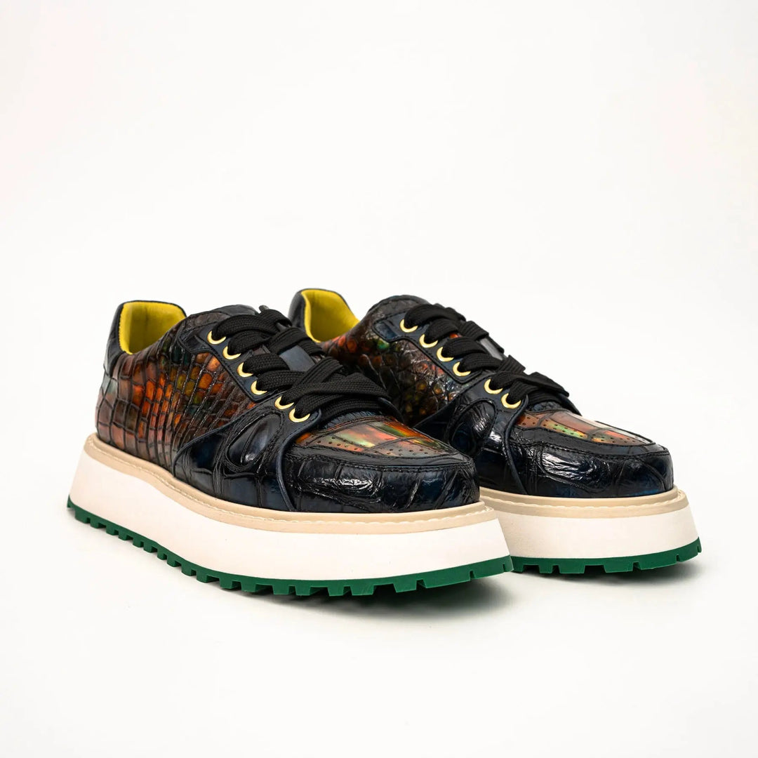 Amber and Navy Crocodile Leather Platform Sneakers