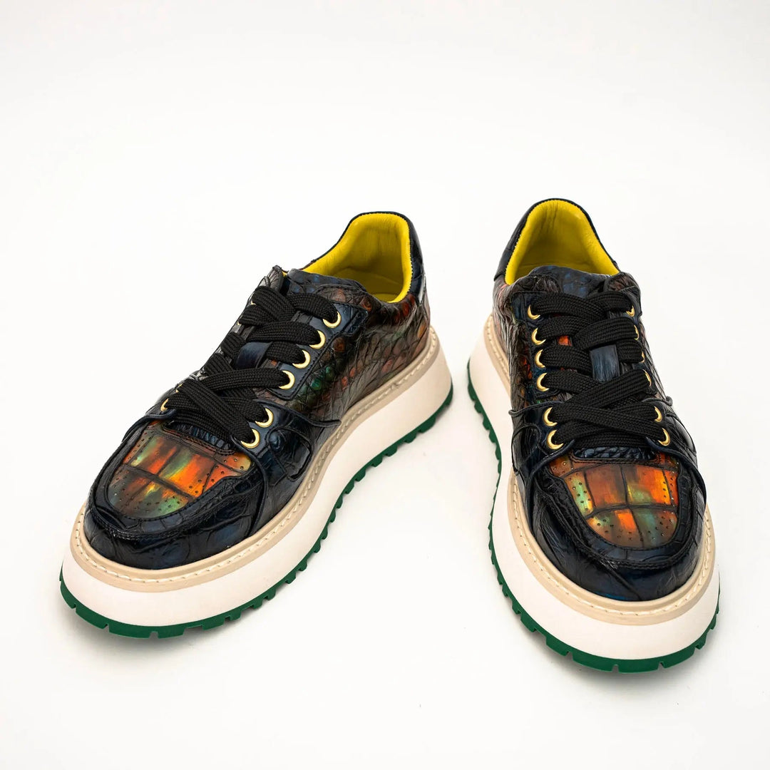 Amber and Navy Crocodile Leather Platform Sneakers