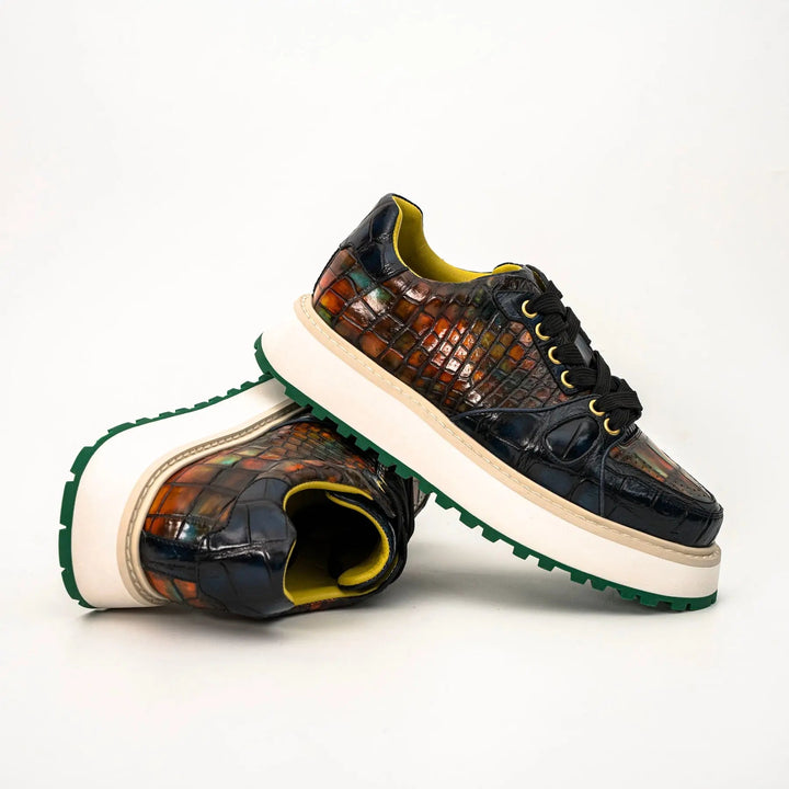 Amber and Navy Crocodile Leather Platform Sneakers