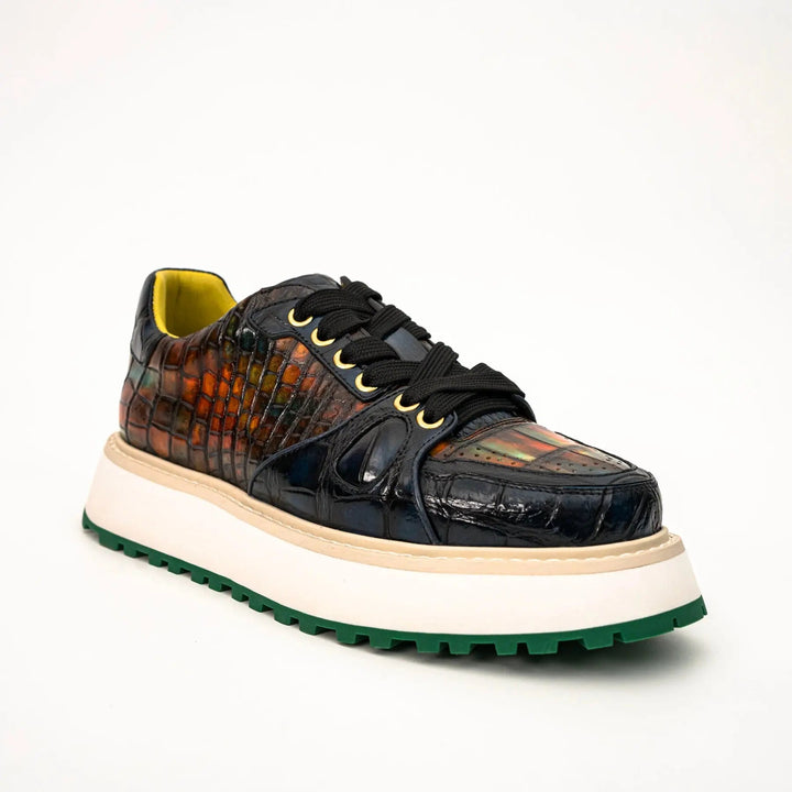 Amber and Navy Crocodile Leather Platform Sneakers