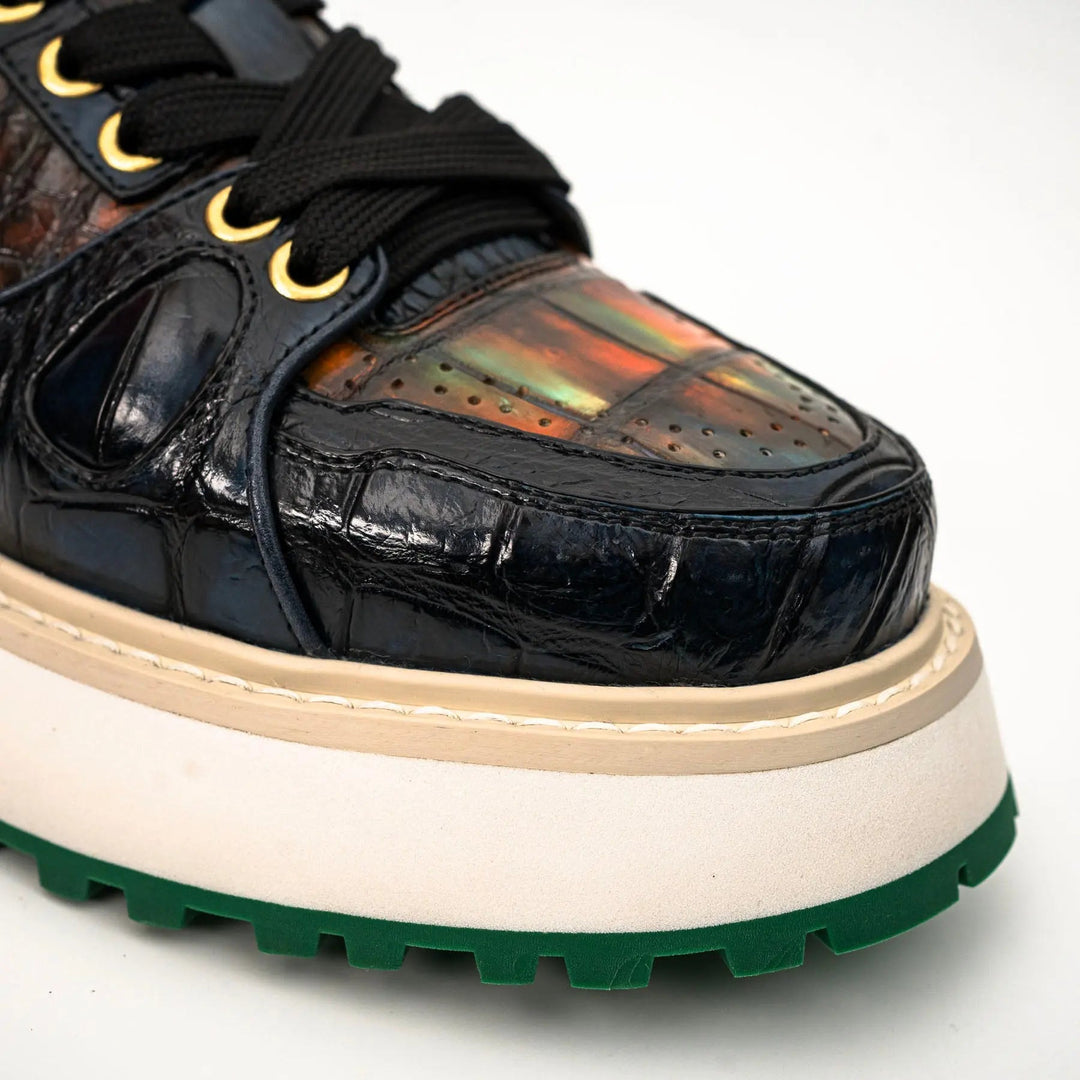 Amber and Navy Crocodile Leather Platform Sneakers