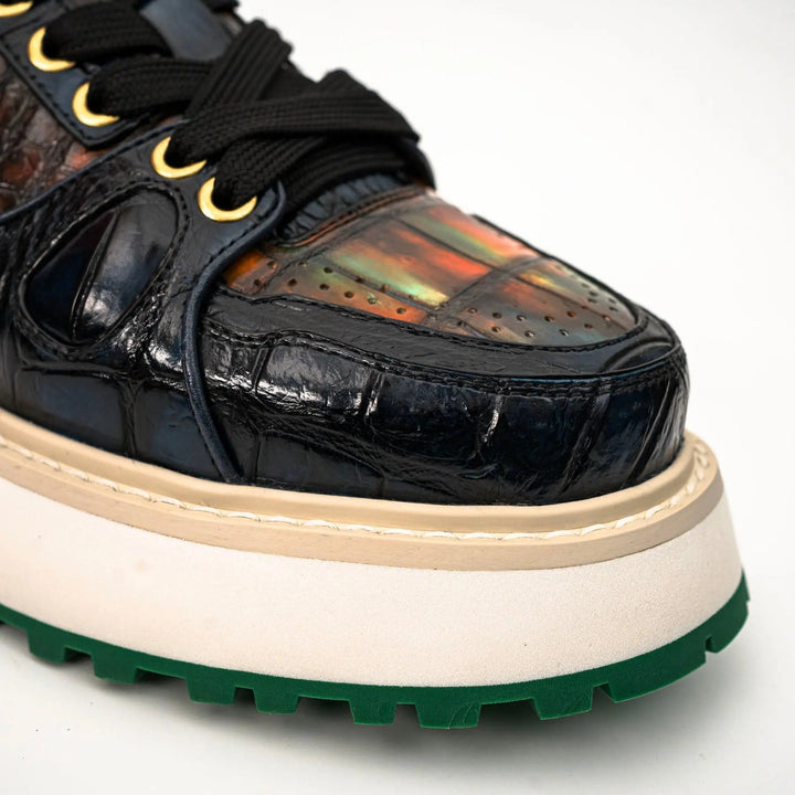 Amber and Navy Crocodile Leather Platform Sneakers