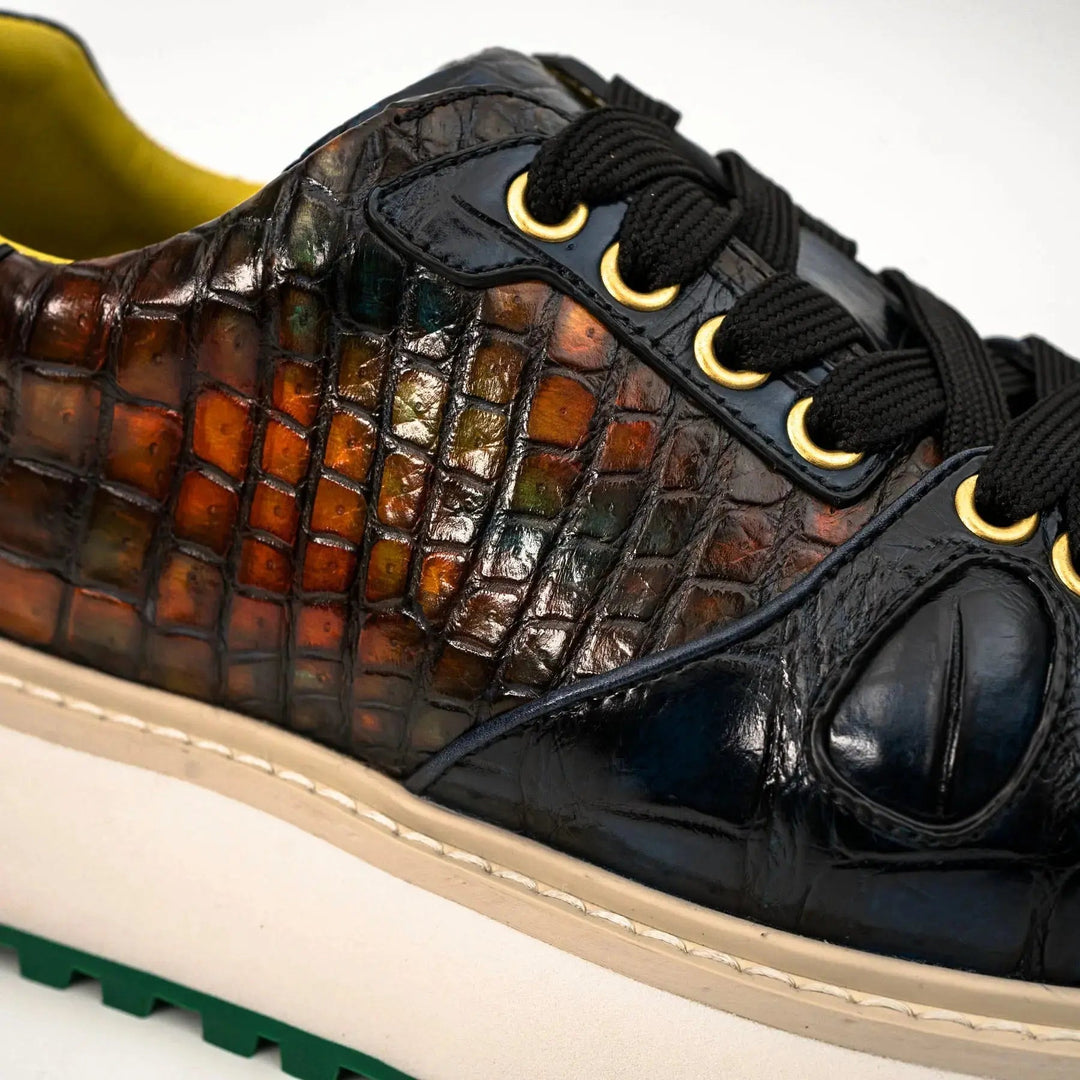 Amber and Navy Crocodile Leather Platform Sneakers