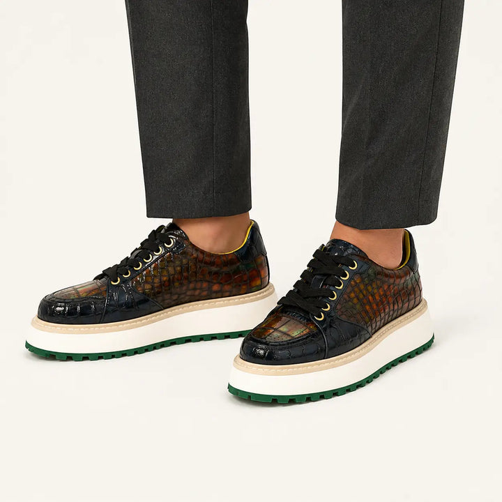 Amber and Navy Crocodile Leather Platform Sneakers