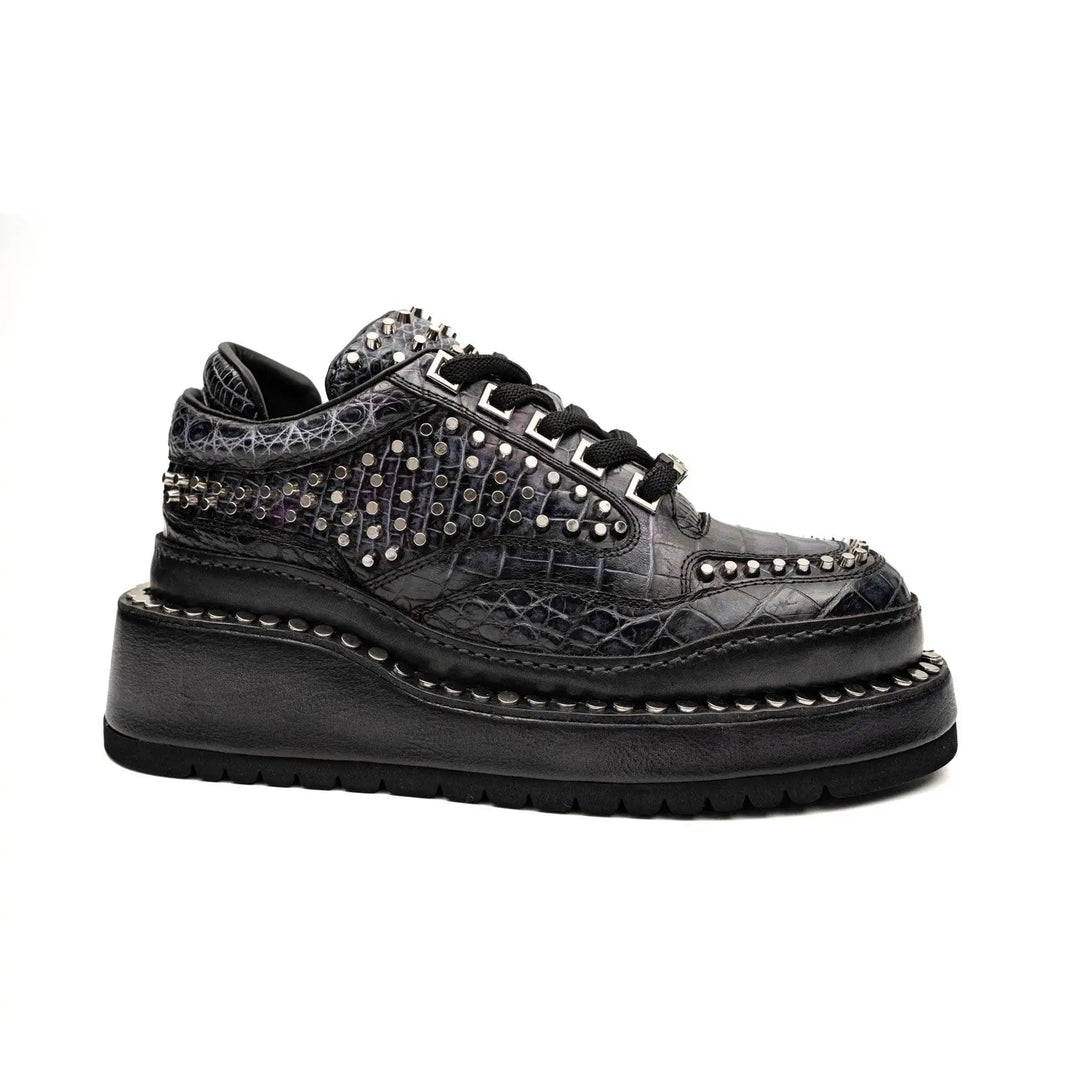 Black Studded Crocodile Leather Platform Sneakers