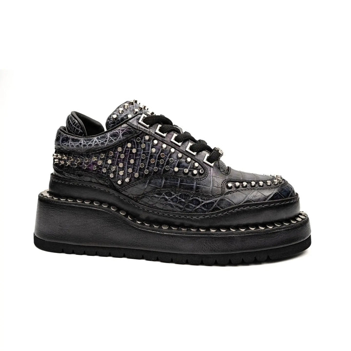 Black Studded Crocodile Leather Platform Sneakers