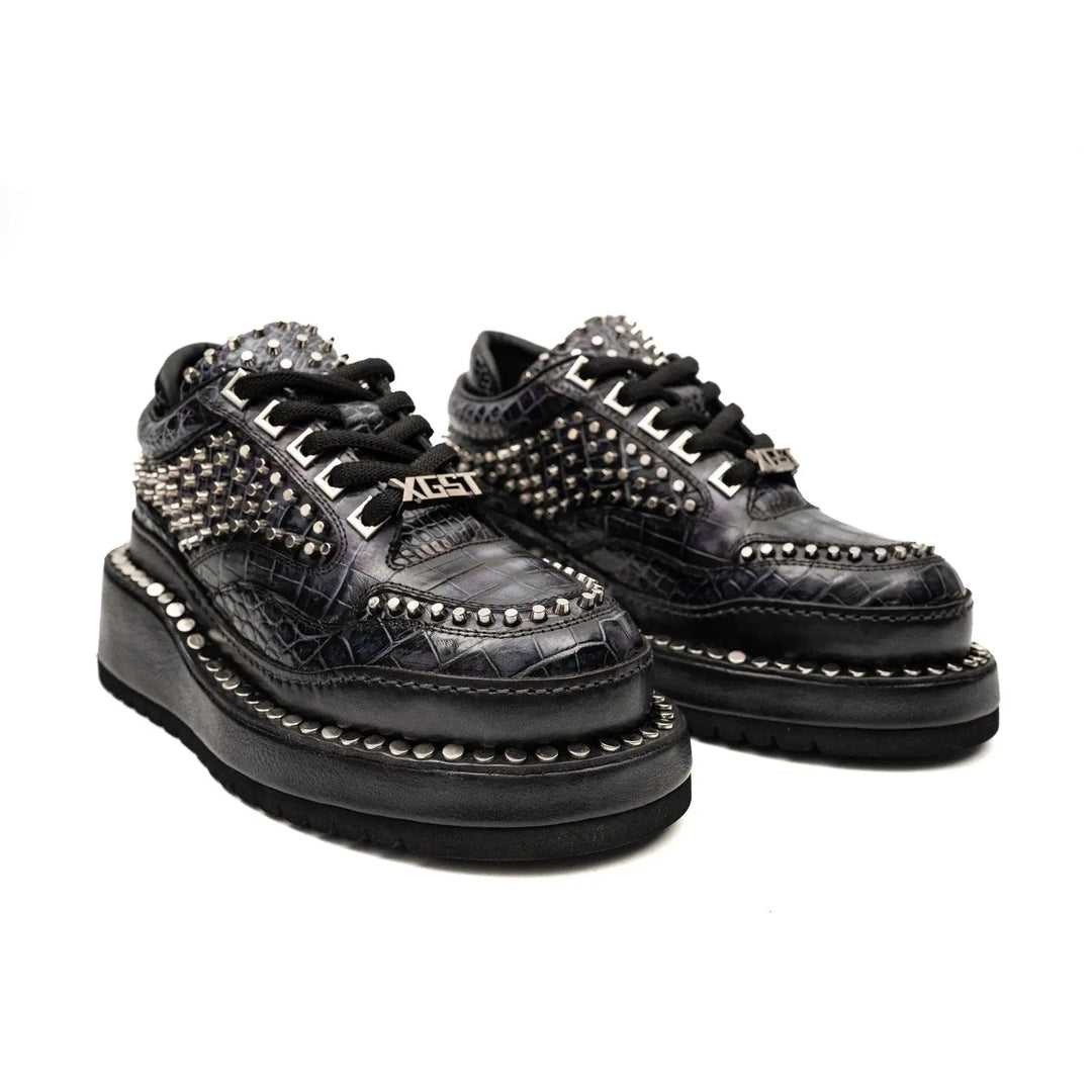 Black Studded Crocodile Leather Platform Sneakers