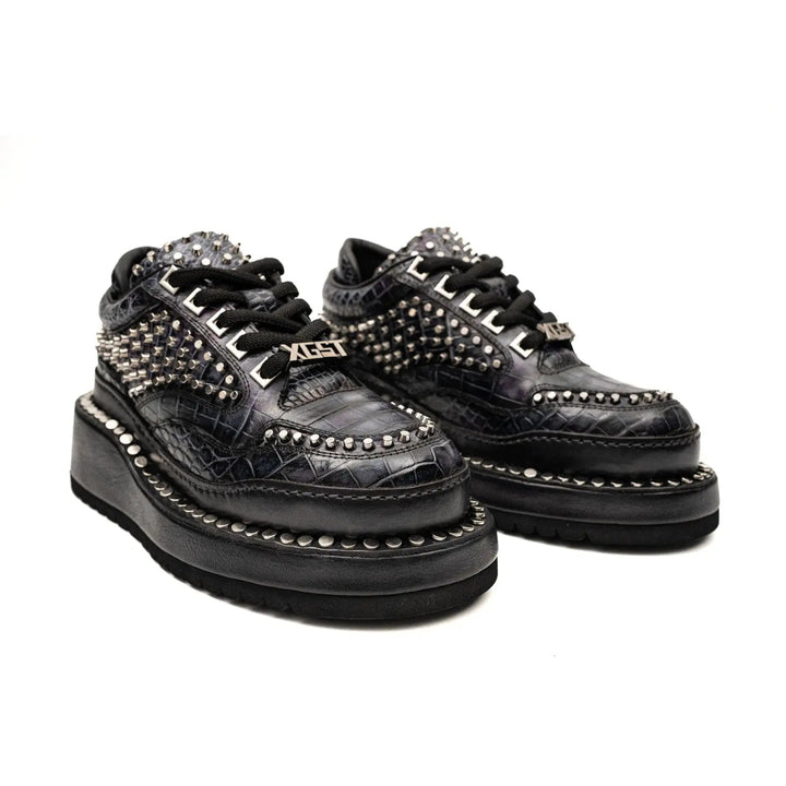 Black Studded Crocodile Leather Platform Sneakers