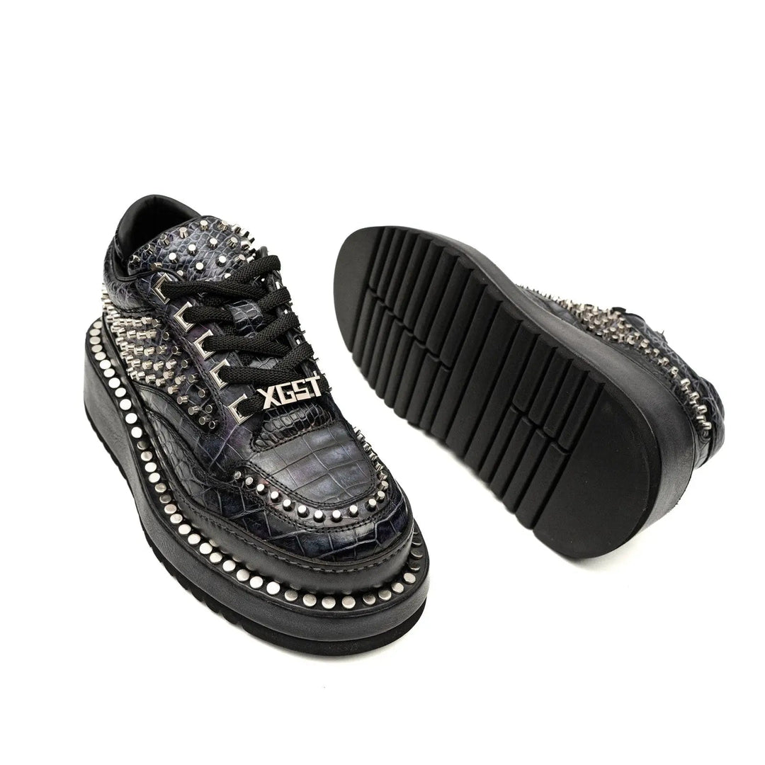 Black Studded Crocodile Leather Platform Sneakers