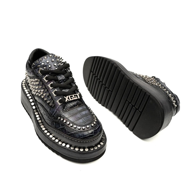 Black Studded Crocodile Leather Platform Sneakers
