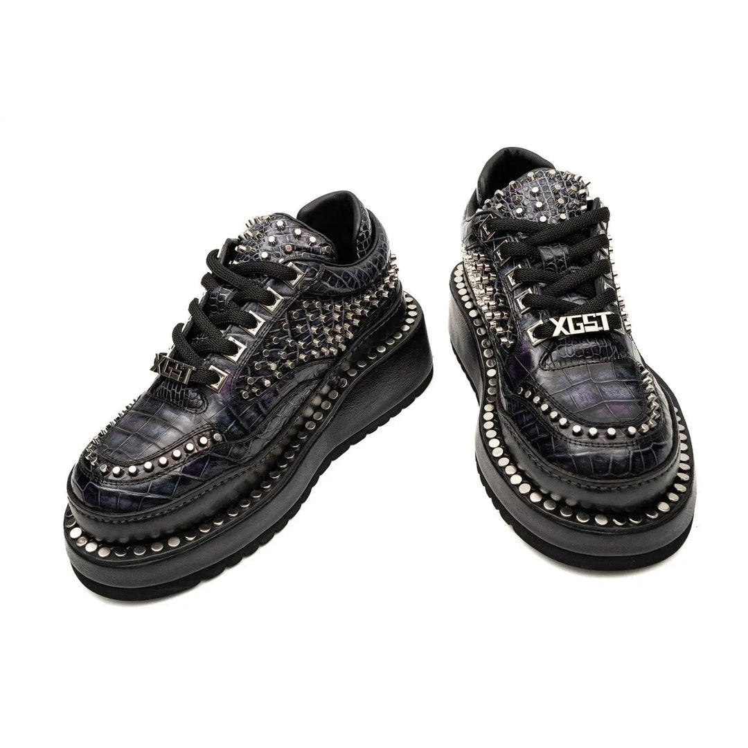 Black Studded Crocodile Leather Platform Sneakers