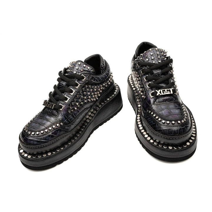 Black Studded Crocodile Leather Platform Sneakers