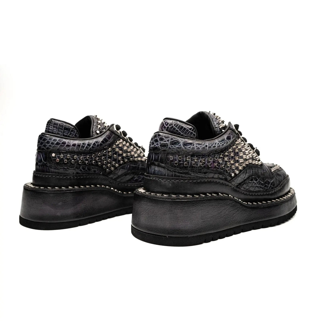 Black Studded Crocodile Leather Platform Sneakers