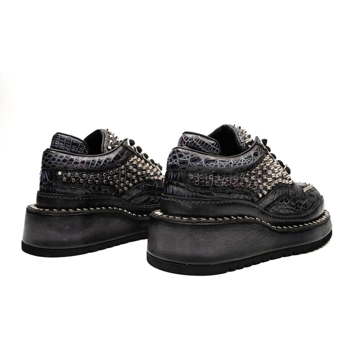 Black Studded Crocodile Leather Platform Sneakers