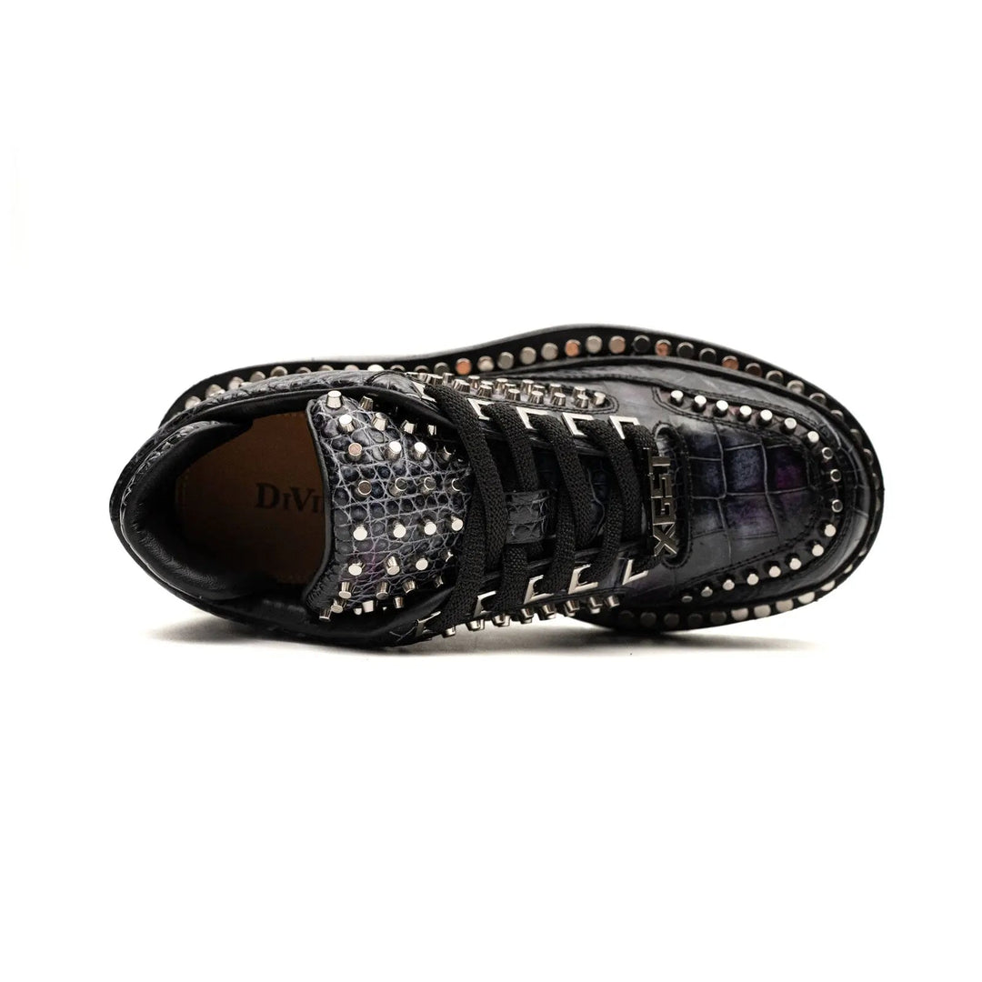 Black Studded Crocodile Leather Platform Sneakers