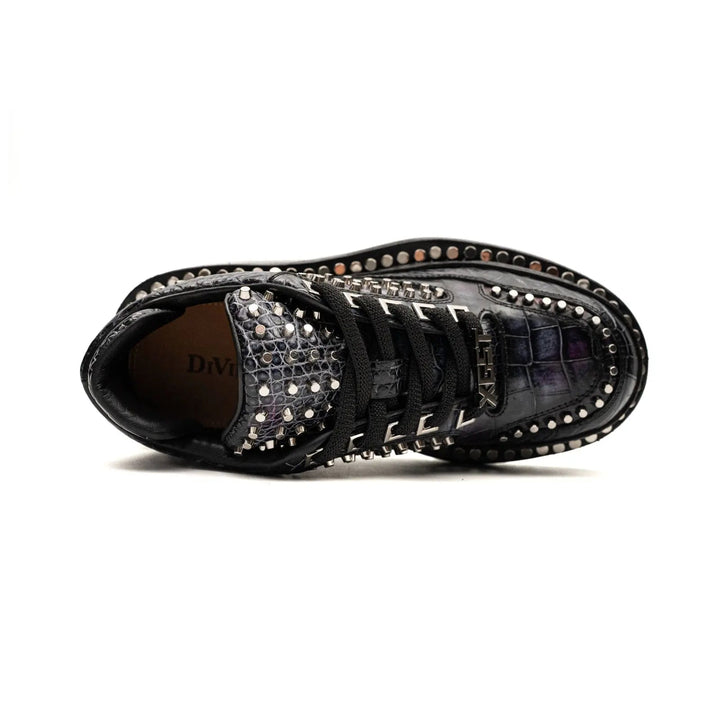 Black Studded Crocodile Leather Platform Sneakers