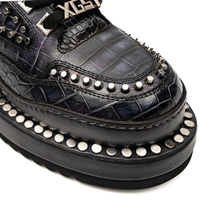 Black Studded Crocodile Leather Platform Sneakers