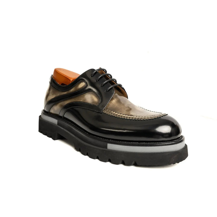 Black and Bronze Calf Leather Moc-Toe Derby Shoes