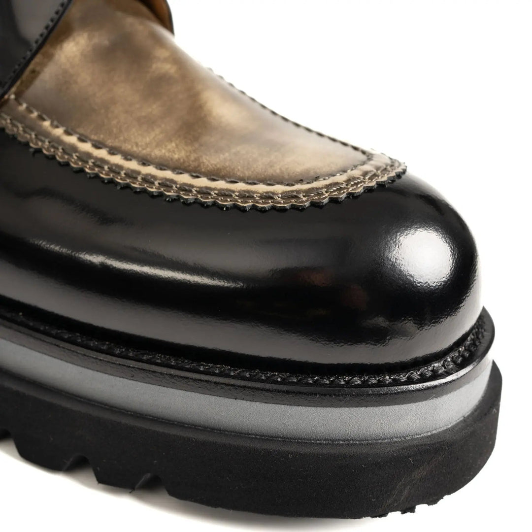 Black and Bronze Calf Leather Moc-Toe Derby Shoes