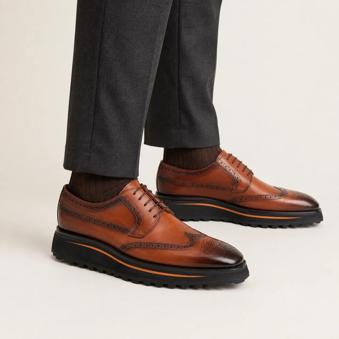Thick-soled calfskin formal brogue derby shoes Brown