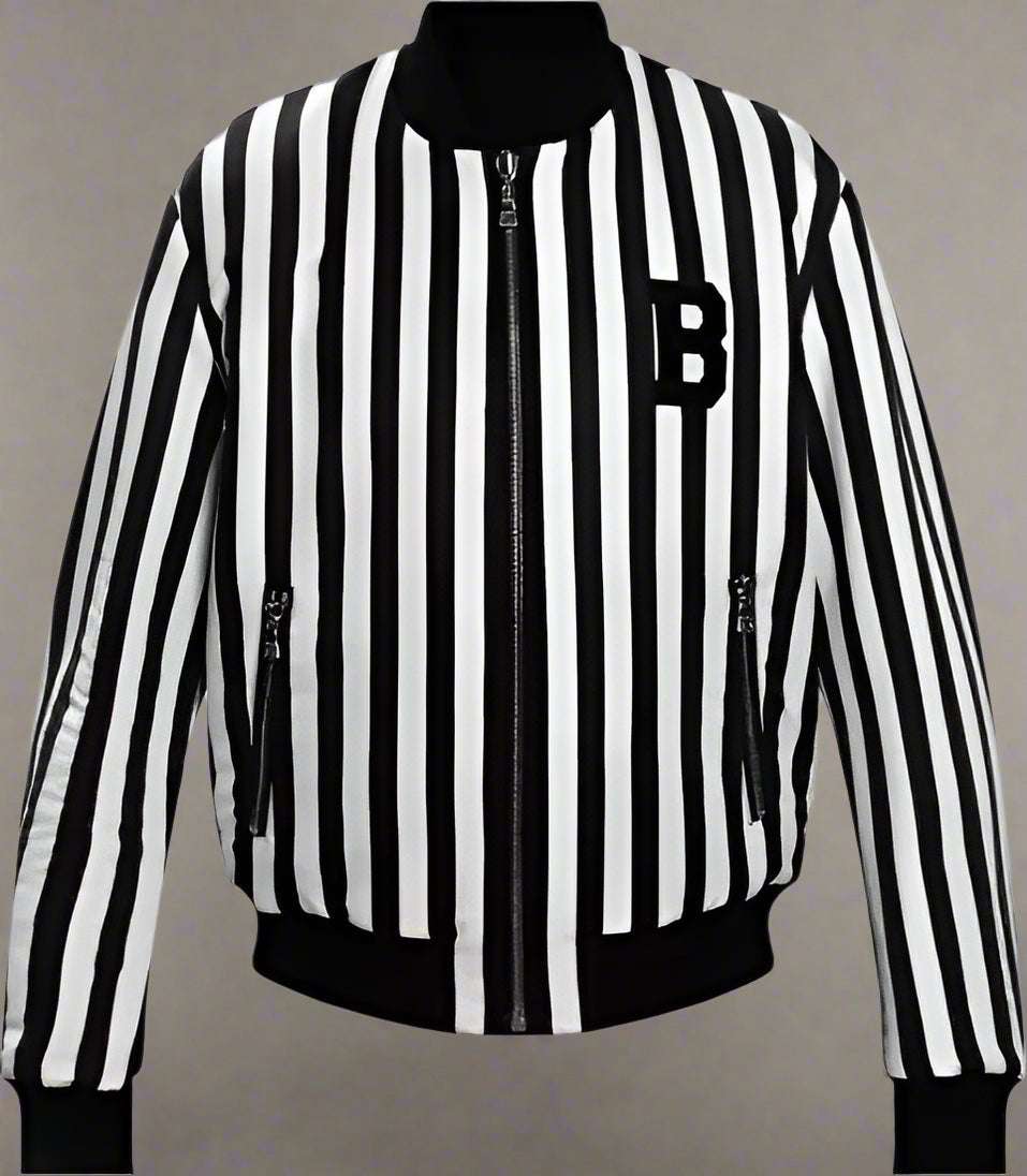 BALMAIN men's Black & White striped Polyamide Jacket