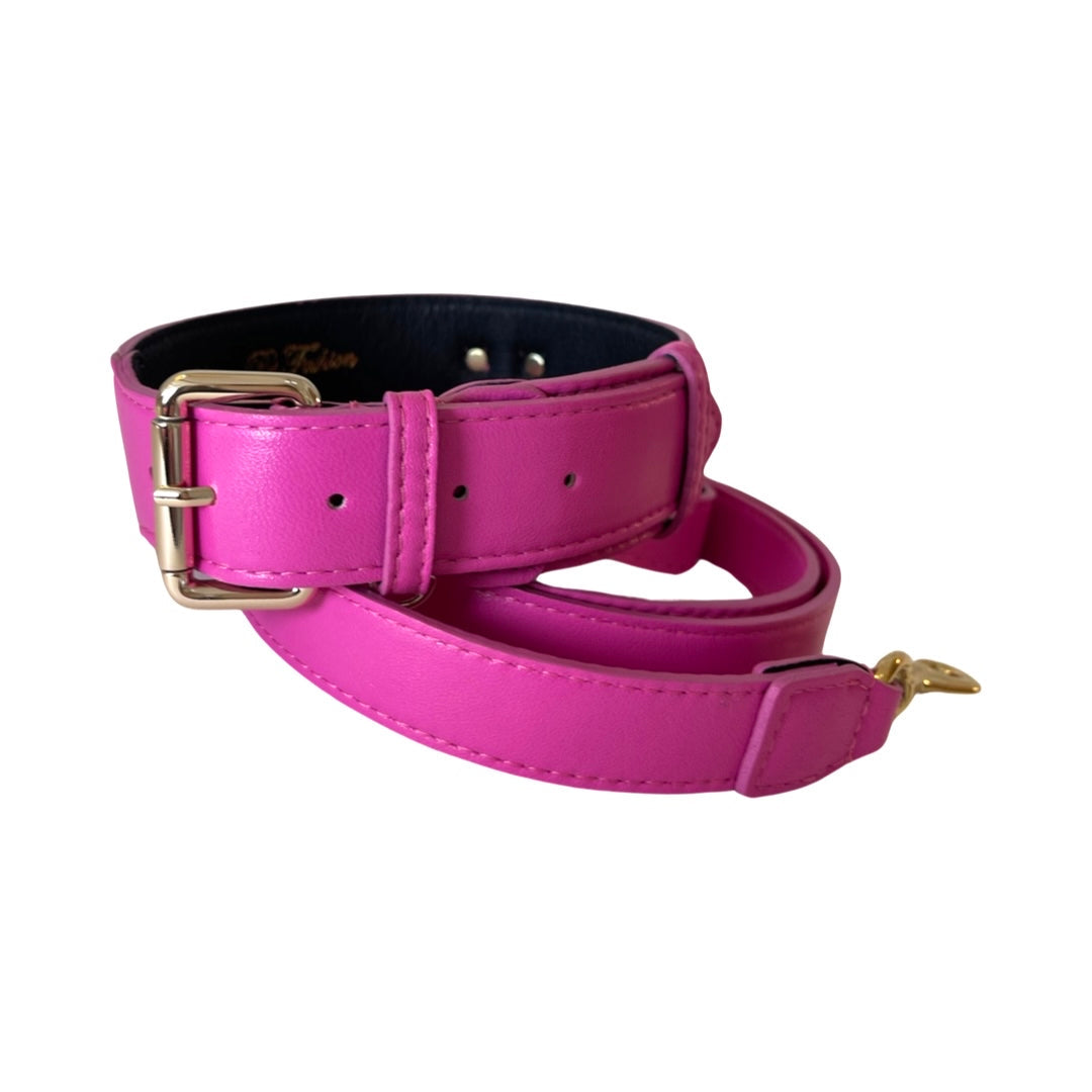 Classic Fuchsia Pink Italian Leather Collar &amp; Leash Set
