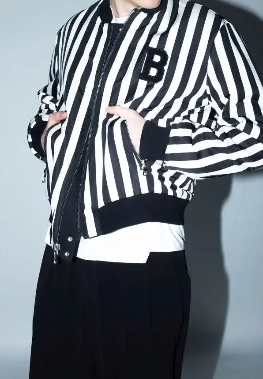 BALMAIN men's Black & White striped Polyamide Jacket