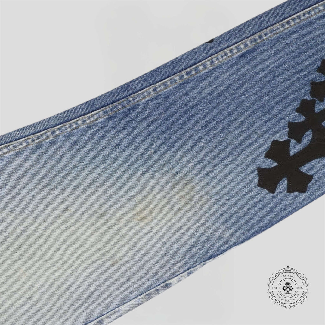 Chrome Hearts Cross Patch Jeans showcasing the unique cross patch and luxury denim quality.