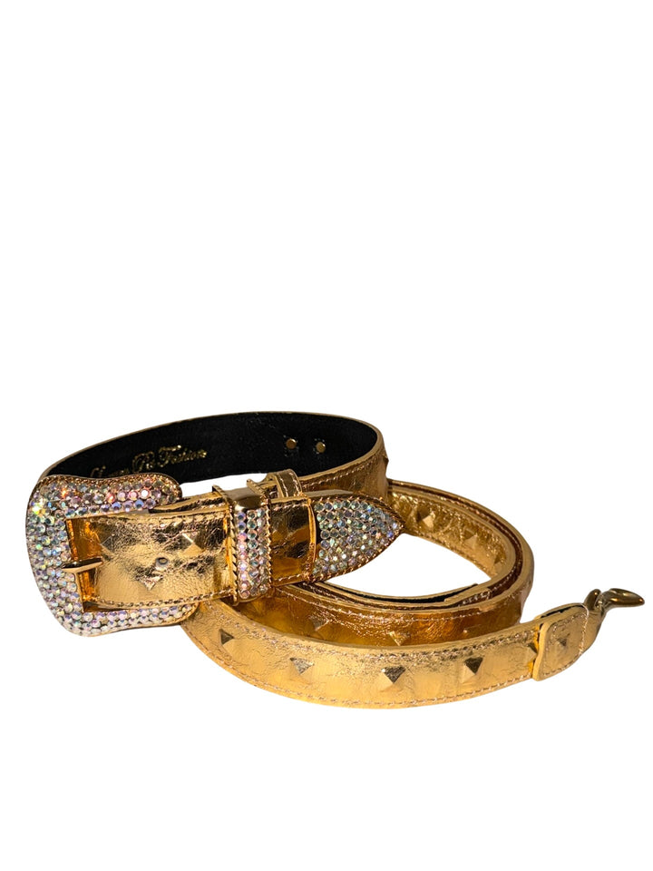 Glam Gold Embossed Studded Italian Leather Collar &amp; Leash Set With Our Custom Swarovski Crystal Buckle
